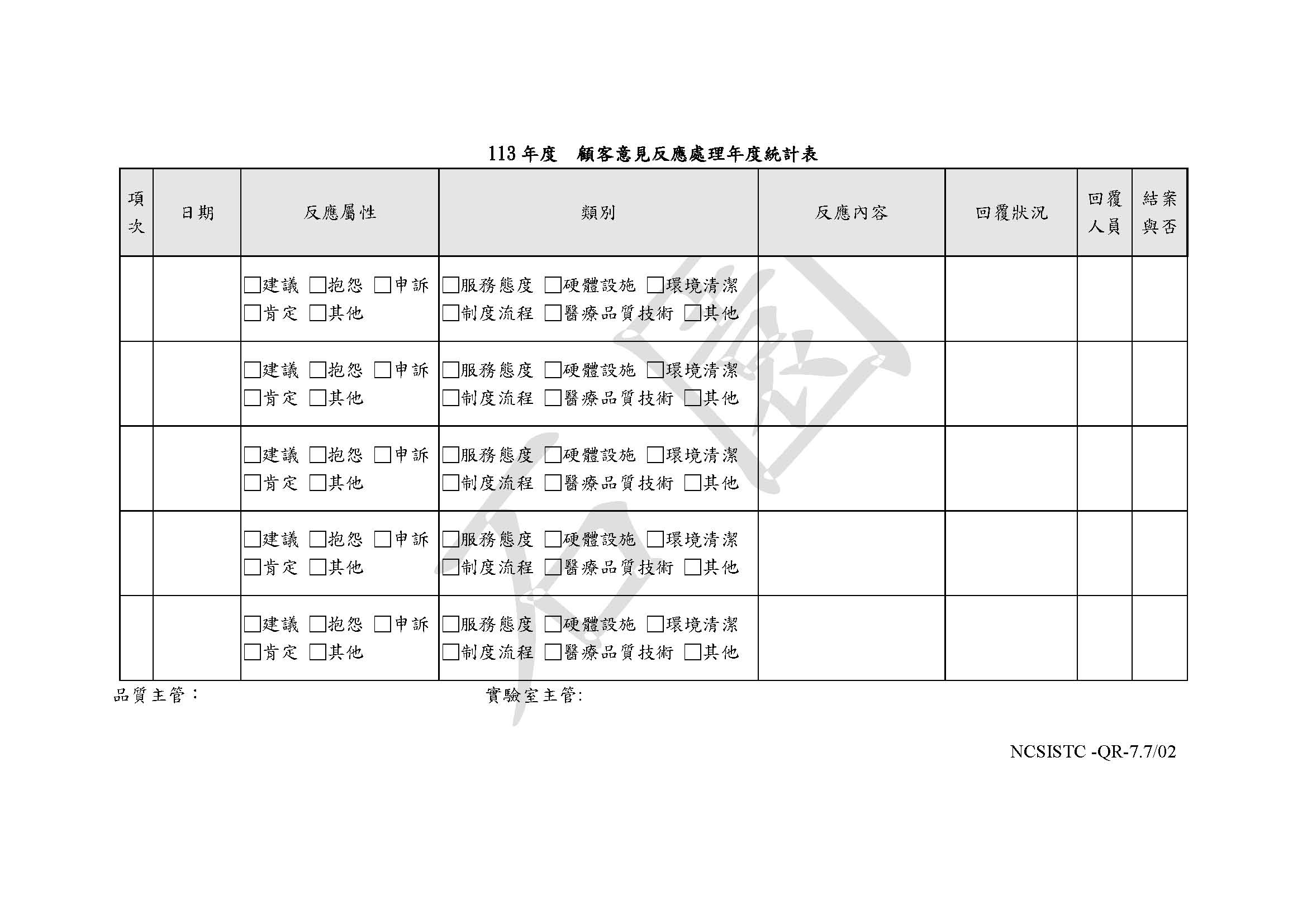 顧客意見反應處理年度統計表